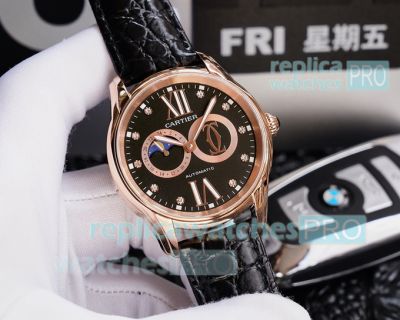 Swiss Replica Cartier Moonphase Rose Gold Watch Black Dial